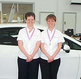 Female Business Ambassadors Diane and Jenny with their Walk For Life charity badges...
